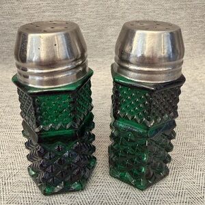 Vintage Green Glass Salt and Pepper Shakers